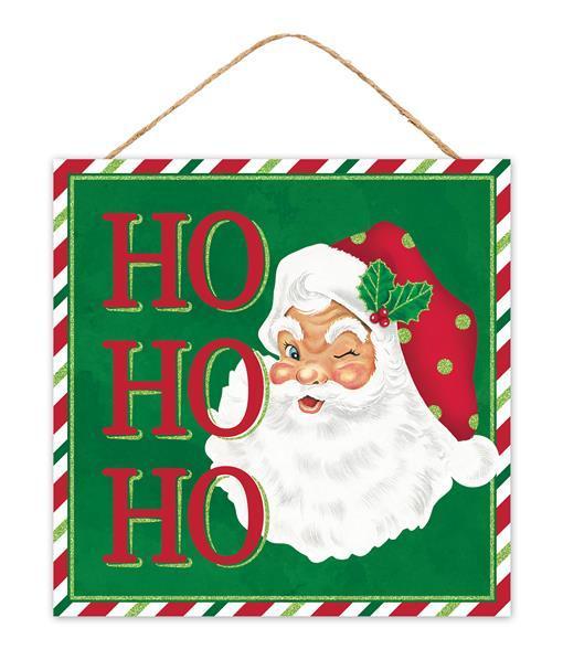 10 Inch Square Xmas Wood Sign: SANTA HO - HO - HO - Wreath Accents - IMPORTED BBCrafts.com