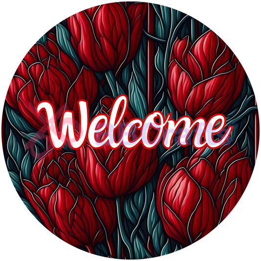 Welcome Red Flower Metal / Vinyl Sign - Made in USA