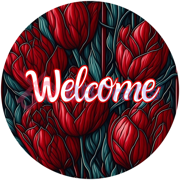 Welcome Red Flower Metal Sign - Made In USA