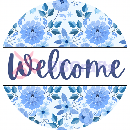 Welcome Blue Flower Metal / Vinyl Sign - Made in USA