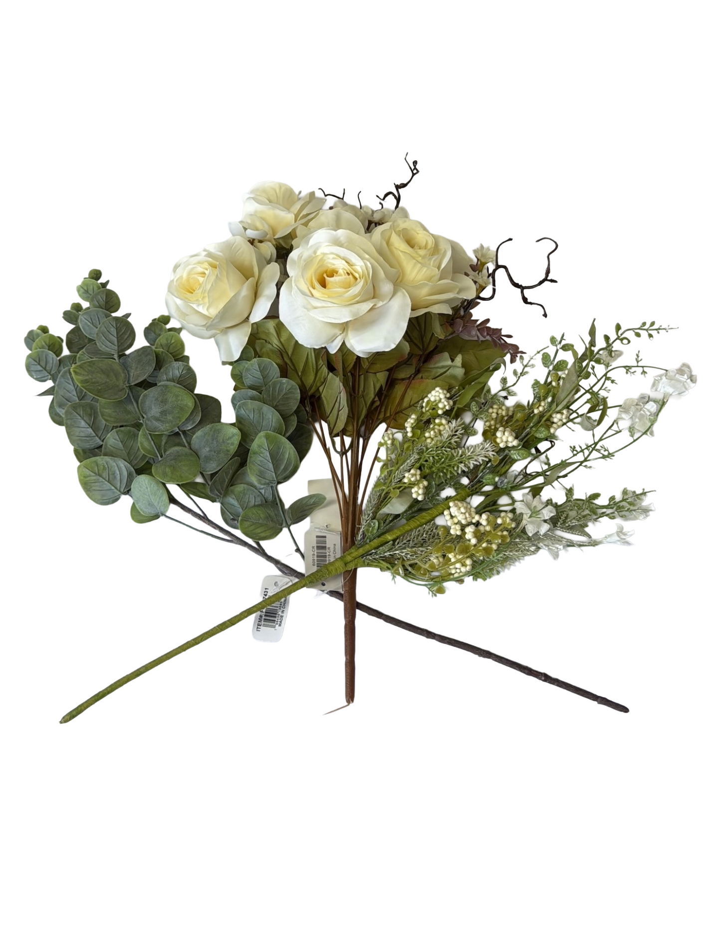 Artificial Floral Stems – 19" Cream Rose Hydrangea Mixed Bush (11 Stems), 23" Cream Berry Spray, 24" Green Spiral Eucalyptus Spray - Set of 3