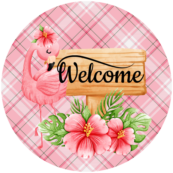 Pink Flamingo Welcome Metal Sign - Made In USA