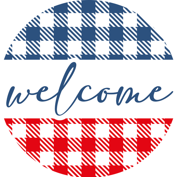 Welcome Blue & Red Checked Metal Sign - Made In USA