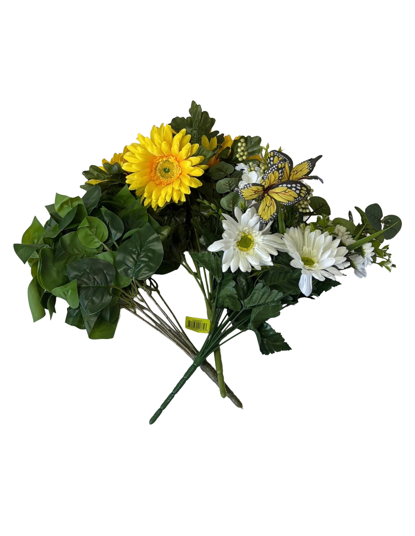 Artificial Floral Stems – 15" Green Leaves Bush (7 Stems), 19" White Gerber Daisy Butterfly Bush (14 Stems), 20" Yellow Satin Gerber Daisy Bush (7 Stems) - Set of 3