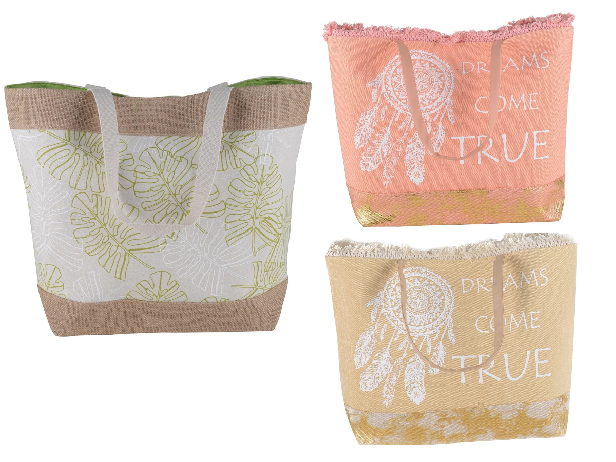 Women’s Beach Tote Bags Combo Set of 3 – Cream Dream Catcher, Peach Dream Catcher & Green Leaf Print Canvas Large Pool & Travel Totes
