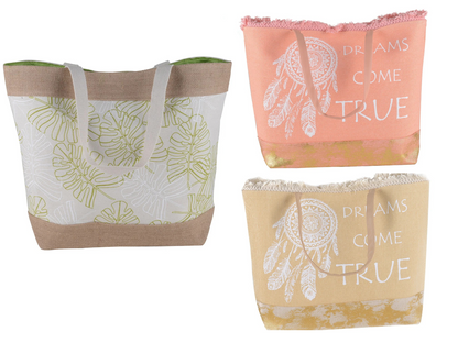Women’s Beach Tote Bags Combo Set of 3 – Cream Dream Catcher, Peach Dream Catcher & Green Leaf Print Canvas Large Pool & Travel Totes