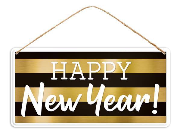 12 Inch Rectangular Metal Sign: HAPPY NEW YEAR - Wreath Accents - IMPORTED BBCrafts.com