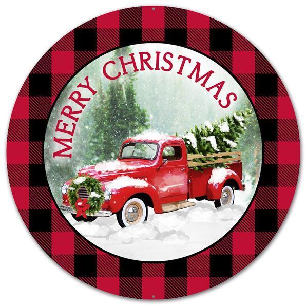 12 Inch Round Christmas Metal Sign: XMAS TRUCK PLAID - Wreath Accents - IMPORTED BBCrafts.com