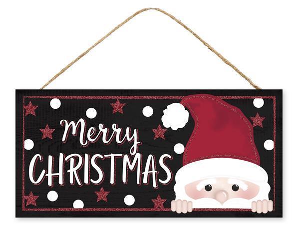 12 Inch X 6 Inch Rectangular Christmas Wood Sign: MERRY CHRISTMAS SANTA PEEKING GLITTER - Wreath Accents - IMPORTED BBCrafts.com