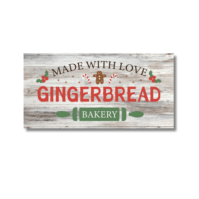 12 Inch X 6 Inch Rectangular Metal Sign: GINGERBREAD BAKERY - Wreath Accents - Made In USA BBCrafts.com