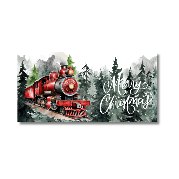 12 Inch X 6 Inch Rectangular Metal Sign: MERRY XMAS TRAIN - Wreath Accents - Made In USA BBCrafts.com