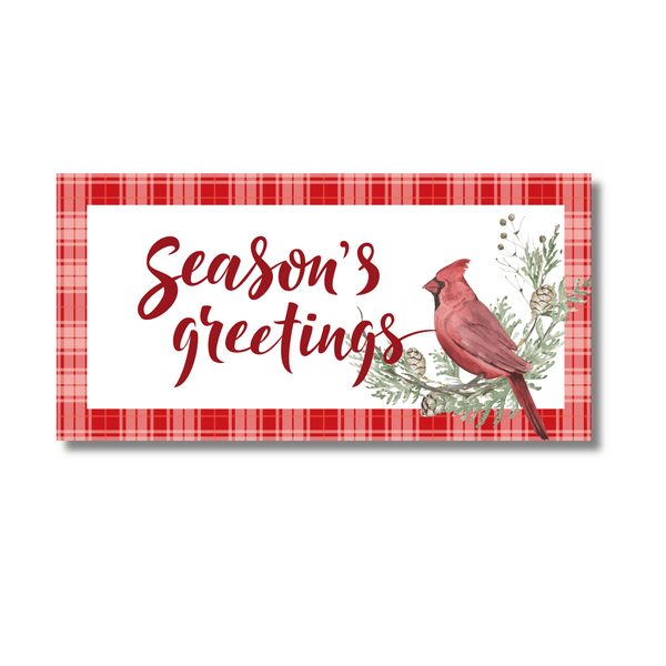 12 Inch X 6 Inch Rectangular Metal Sign: SEASON'S GREETINGS CARDINAL - Wreath Accents - Made In USA BBCrafts.com