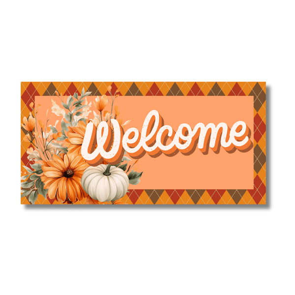 12 Inch X 6 Inch Rectangular Metal Sign: WELCOME PUMPKINS - Wreath Accents - Made In USA BBCrafts.com