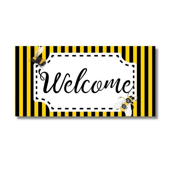 12 Inch X 6 Inch Rectangular Metal Sign: WELCOME SIGN WITH BEES - Wreath Accents - Made In USA BBCrafts.com