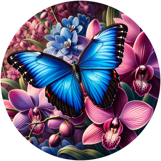 Blue Morpho Butterfly on Flowers Metal / Vinyl Sign - Made in USA