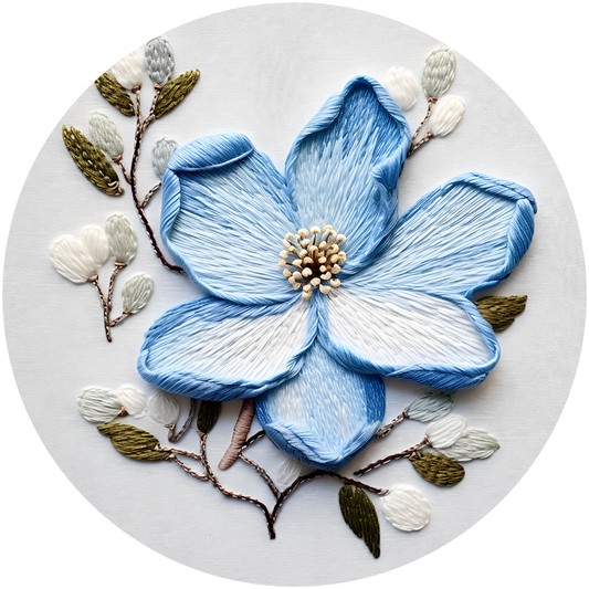 Blue and White Embroidered Flower Metal / Vinyl Sign - Made in USA