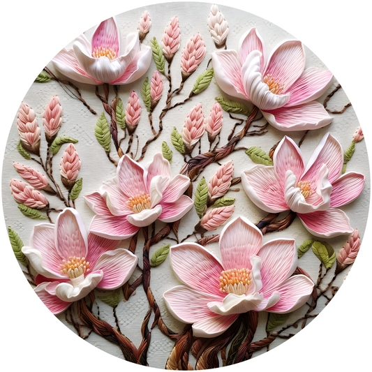 Elegant Pink Blooms Embroidered Flower Metal / Vinyl Sign - Made in USA