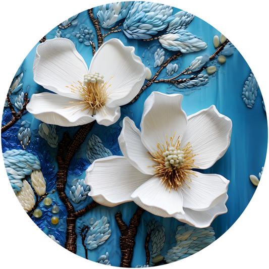 Blue and White Embroidered Flower Metal / Vinyl Sign - Made in USA