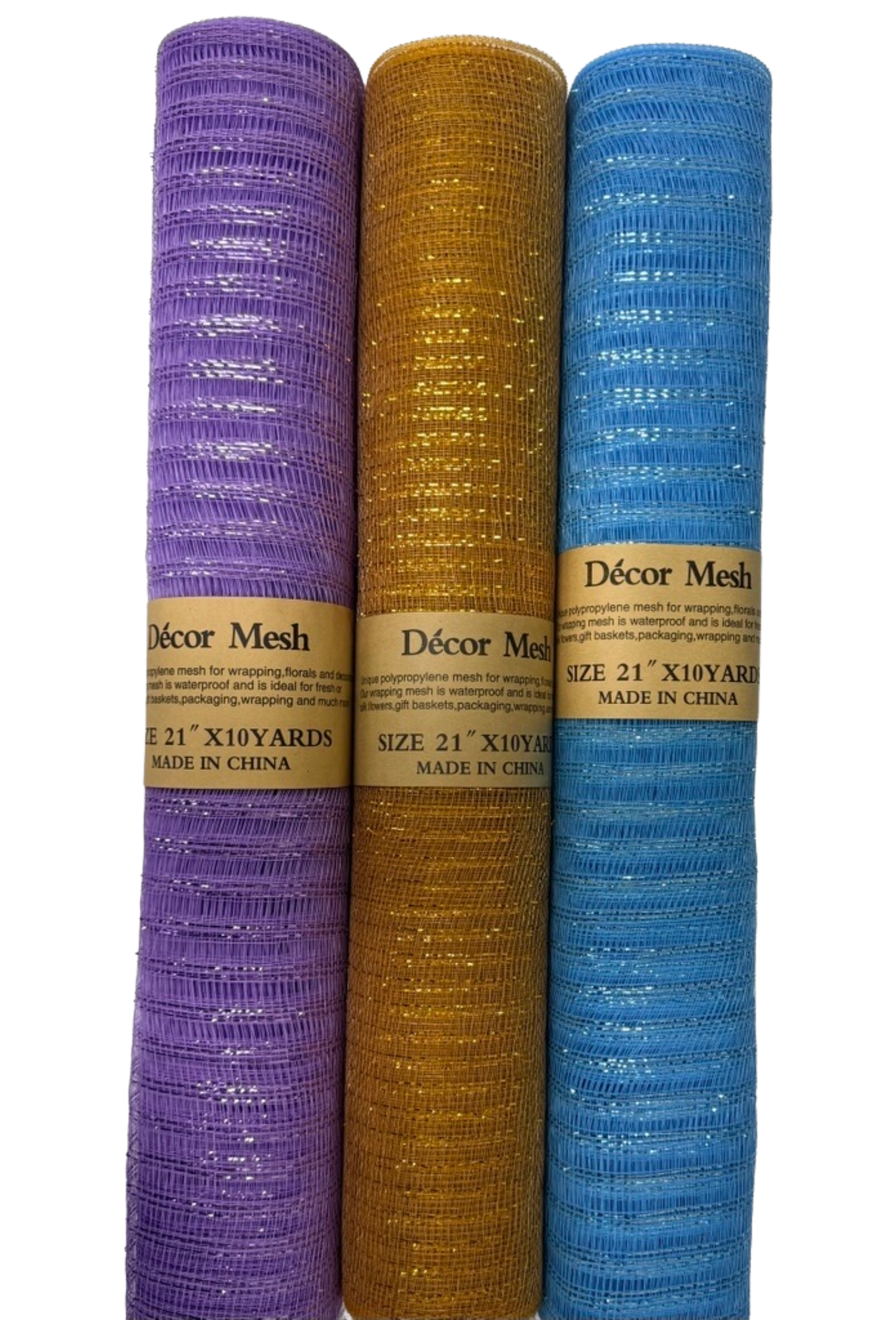 21 Inch x 10 Yards - Deco Mesh Laser Eyelash - Light Blue, Old Gold, Lavender - Pack of 3