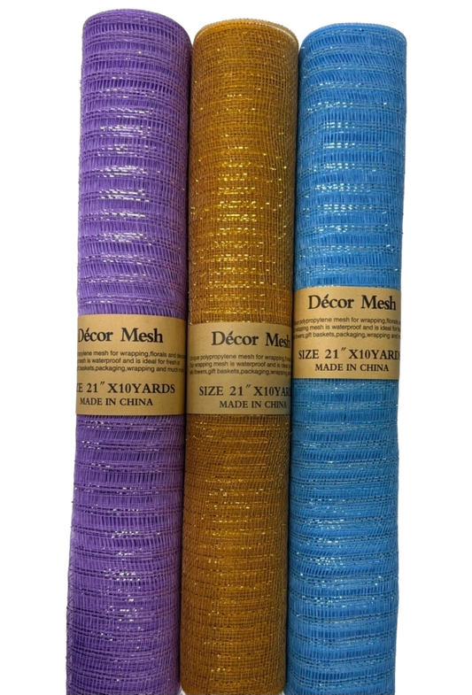 21 Inch x 10 Yards - Deco Mesh Laser Eyelash - Light Blue, Old Gold, Lavender - Pack of 3