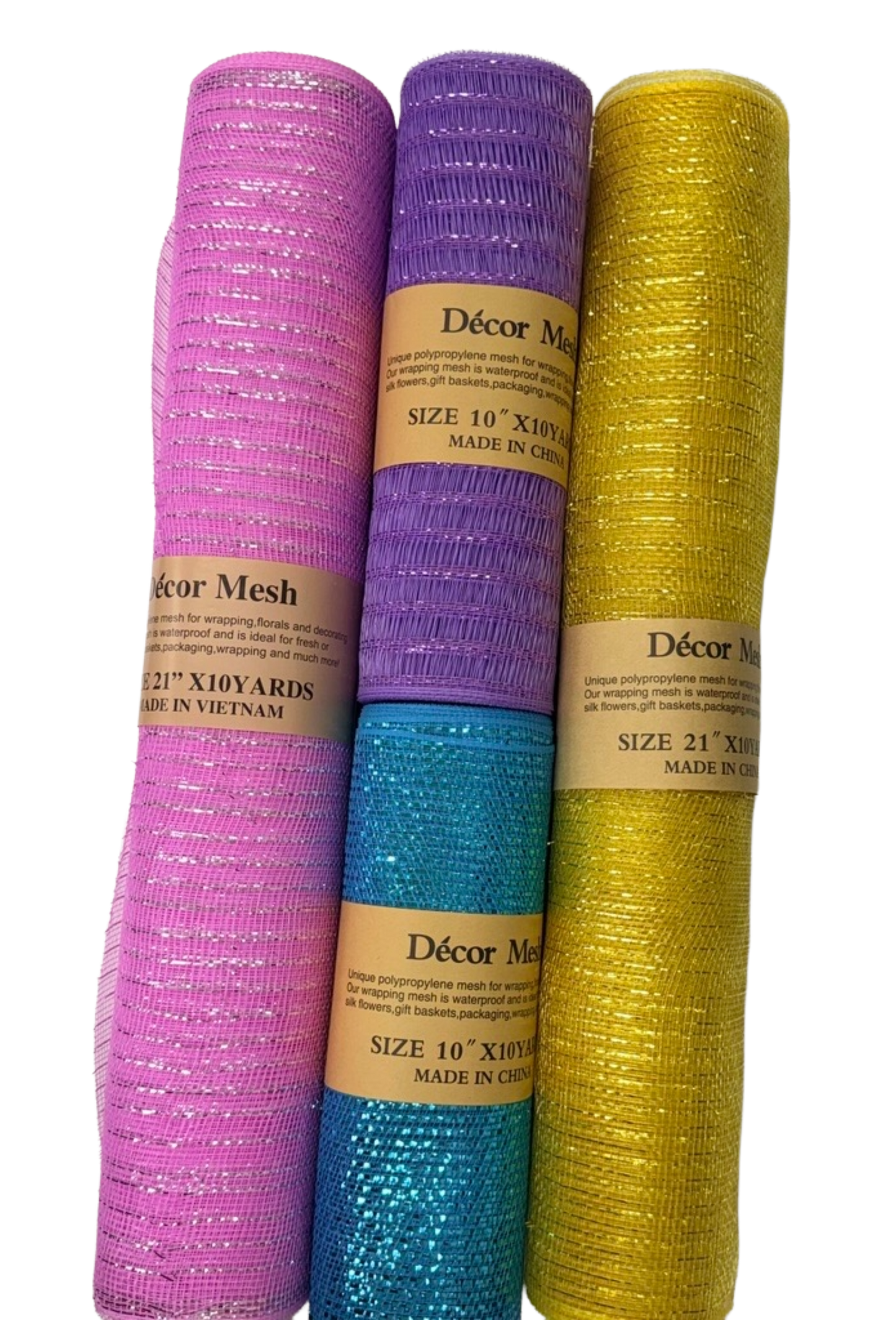 10" / 21" x 10 Yards Deco Mesh Metallic Stripes - Light Pink, Light Gold, Lavender, Turquoise - Pack of 4
