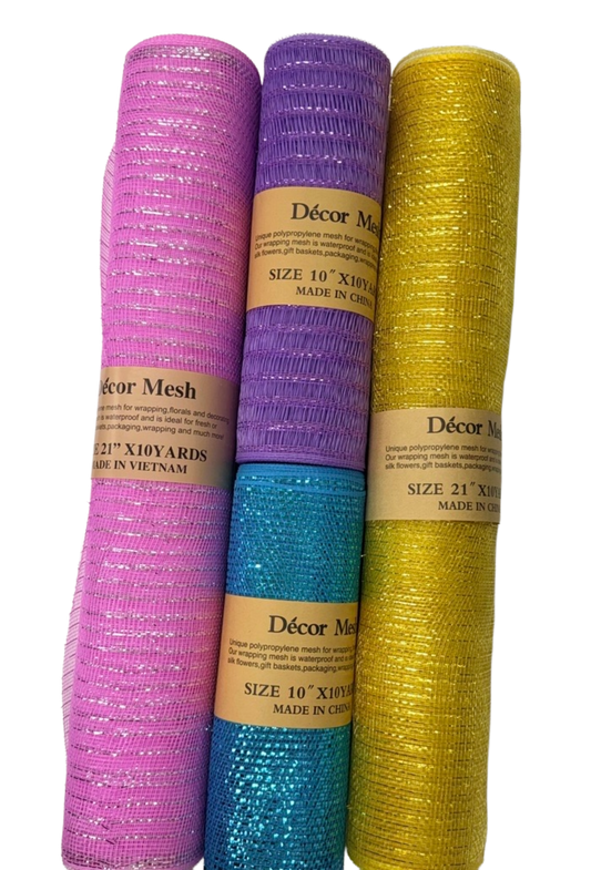 10" / 21" x 10 Yards Deco Mesh Metallic Stripes - Light Pink, Light Gold, Lavender, Turquoise - Pack of 4