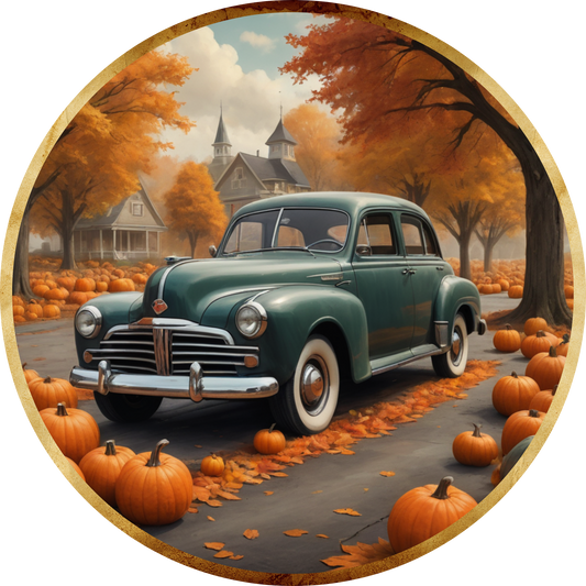Vintage Car and Pumpkins Metal / Vinyl Sign - Made in USA