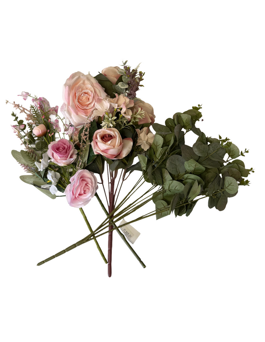 Artificial Floral Stems – 20" Eucalyptus Bush (4 Stems), 19" Light Pink Rose Mixed Bush, 18" Pink Rose Lavender Spray, 20 Inch H Racheal Rose Stem Pink - Set of 4
