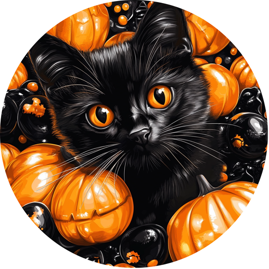 Black Cat Peeking Out From Pumpkins Metal / Vinyl Sign - Made in USA