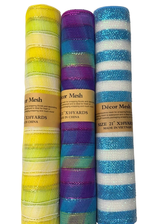 21 Inch x 10 Yards - Poly Deco Mesh with Laser Mono Stripe - Mermaid, Citrus & Blue with White - Pack of 3