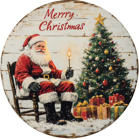 Santa with Candlelight Christmas Tree Metal / Vinyl Sign - Made in USA