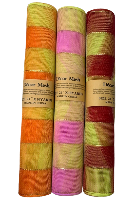 21 Inch x 10 Yards - Deco Mesh Two Color Design - Orange Green, Pink Green & Red Green - Pack of 3