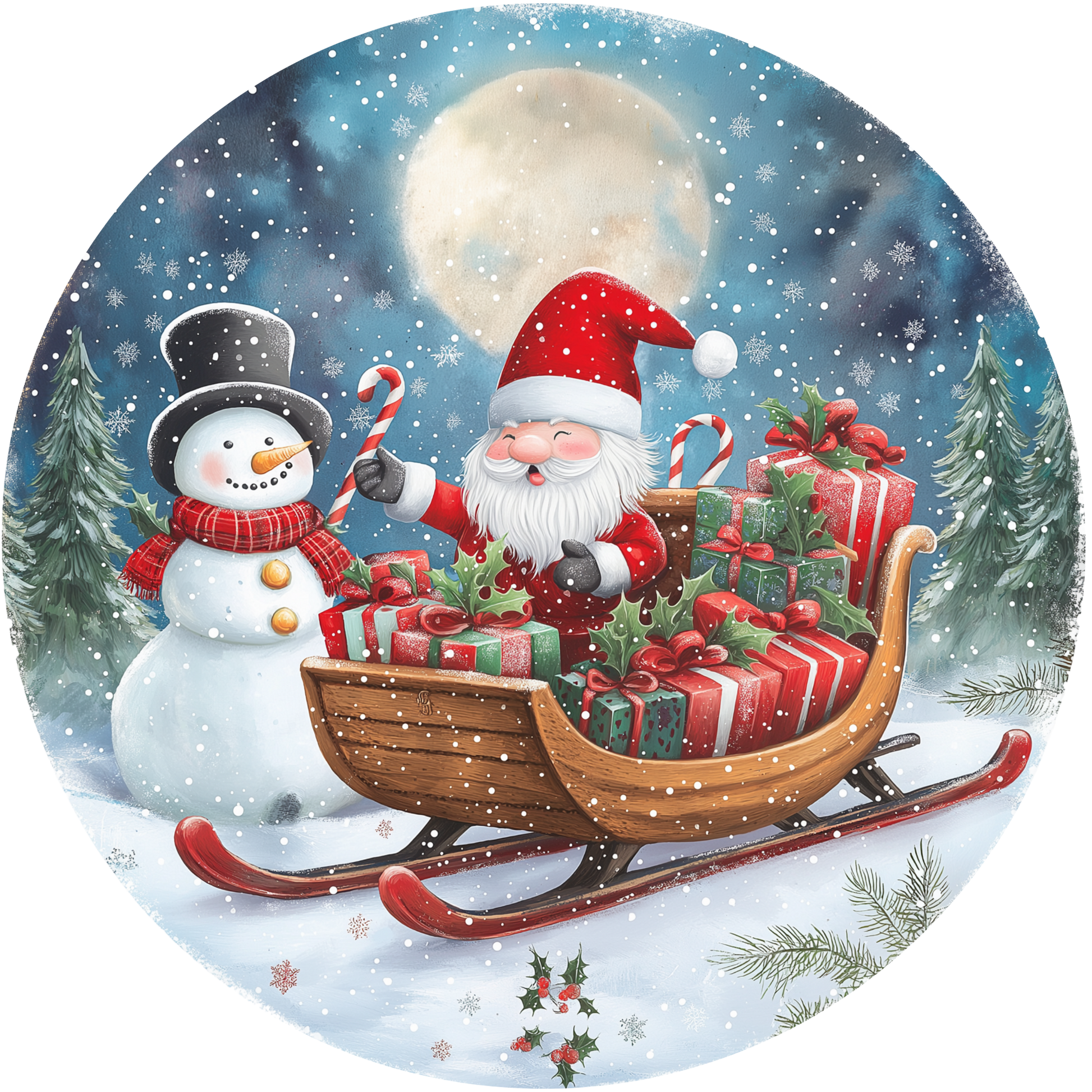 Santa and Snowman on a Snowy Night Metal / Vinyl Sign - Made in USA