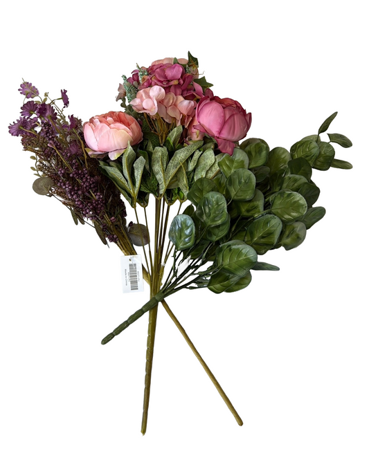 Artificial Floral Stems – 22" Ombre Coral Peony Hydrangea Mix Bush, 20" Eucalyptus Bush (7 Stems), 24" Purple Mixed Fall Filler Spray - Set of 3