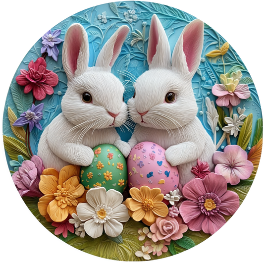Rendered Easter Bunnies with Eggs and Spring Flowers Metal / Vinyl Sign - Made in USA