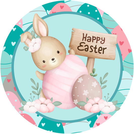 Cartoon Bunnies with Easter Eggs and Happy Easter Banner Metal / Vinyl Sign - Made in USA