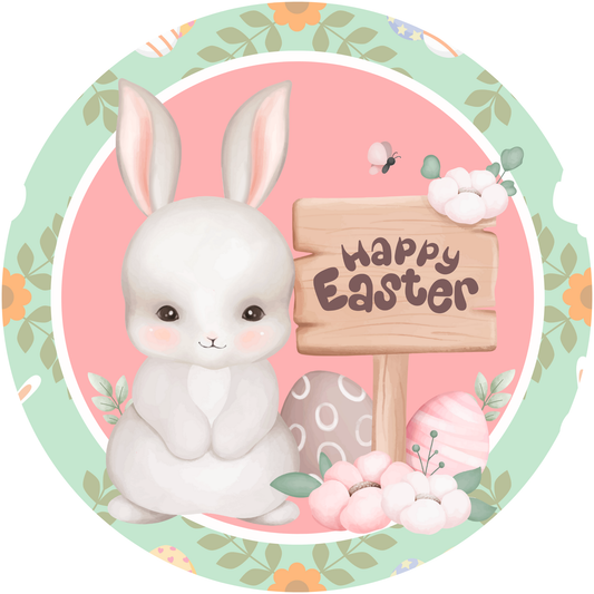 Cartoon Bunnies with Easter Eggs and Happy Easter Banner Metal / Vinyl Sign - Made in USA
