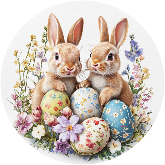 Bunnies with Decorated Easter Eggs and Spring Flowers Metal / Vinyl Sign - Made in USA