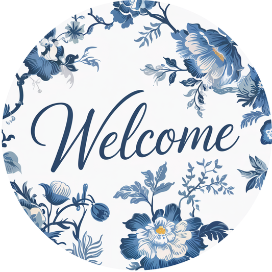 Welcome Blue Chinoiserie  Metal / Vinyl Sign - Made In USA
