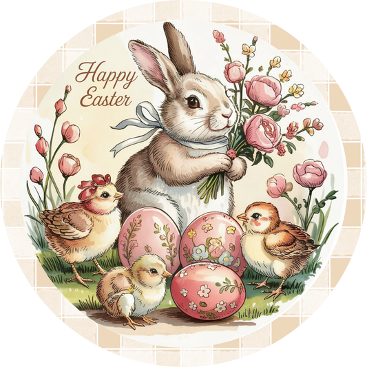 Happy Easter Bunny with Chicks and Eggs Metal / Vinyl Sign - Made In USA