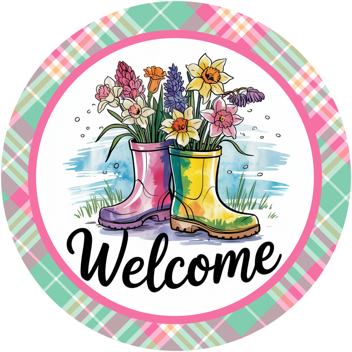 Welcome Spring Boots and Blooms Metal / Vinyl Sign - Made In USA