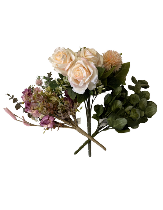 Artificial Floral Stems – 19" Purple Zinnia Mixed Bush, 17.5" Rose Mum Bush (11 Stems), 20" Eucalyptus Bush (7 Stems) - Set of 3