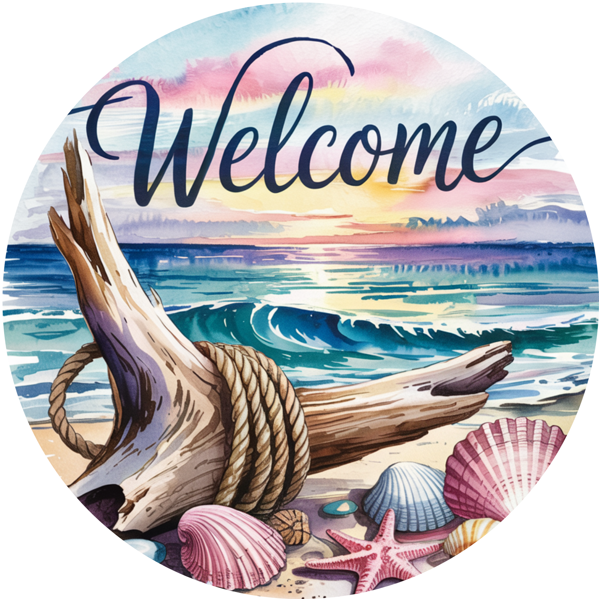 Beach Welcome with Driftwood and Starfish Metal / Vinyl Sign - Made In USA
