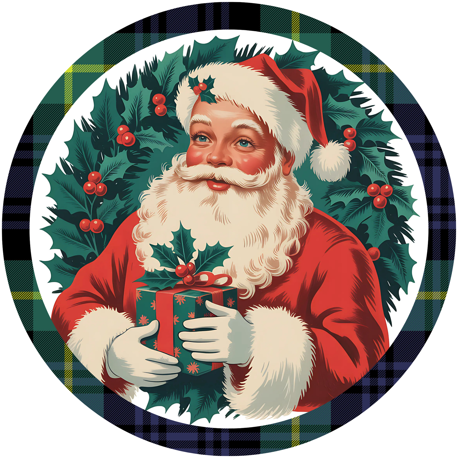 A Vintage Santa Claus Holding a Gift Metal / Vinyl Sign - Made in USA