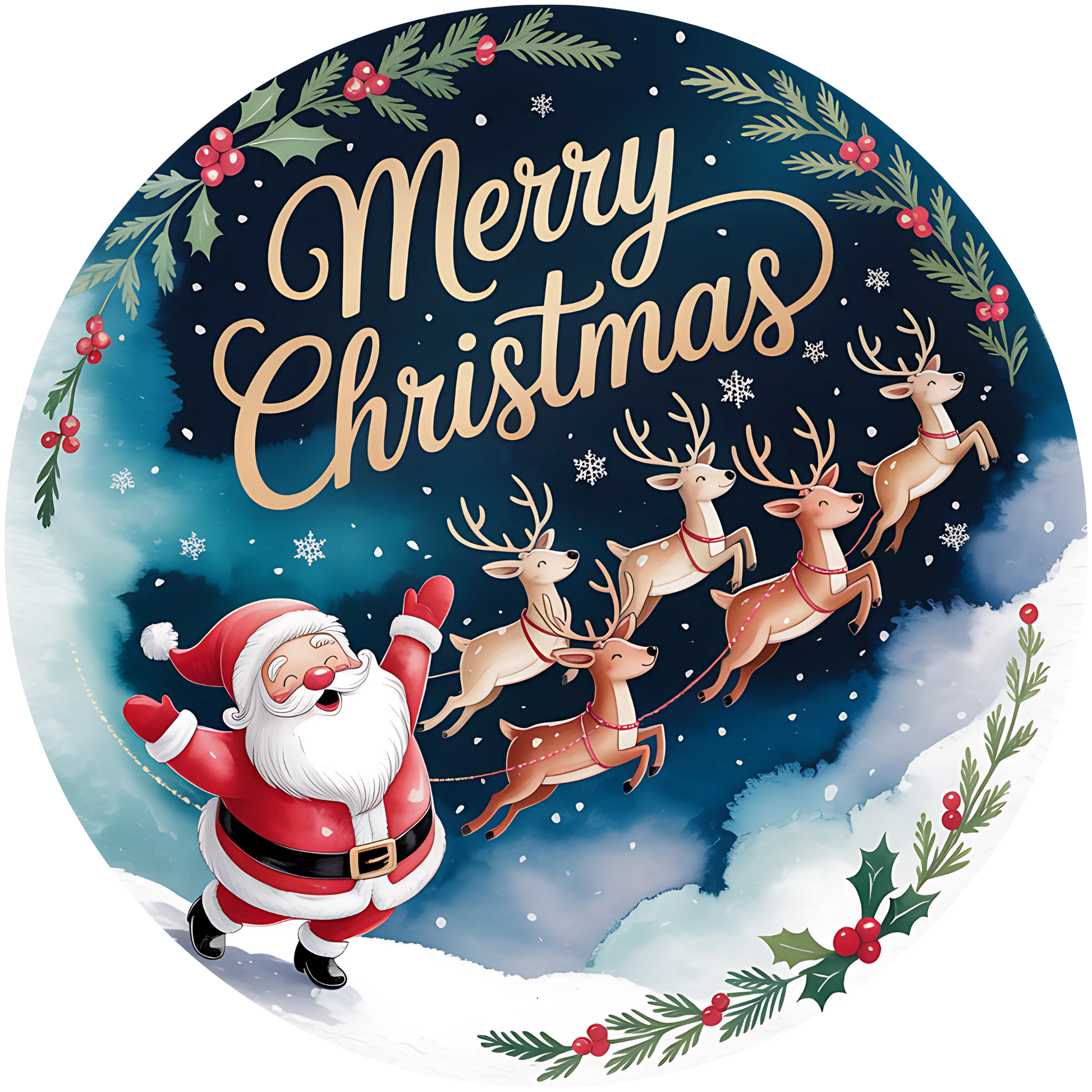 Merry Christmas Santa Claus with Reindeer Sleigh Metal / Vinyl Sign - Made in USA