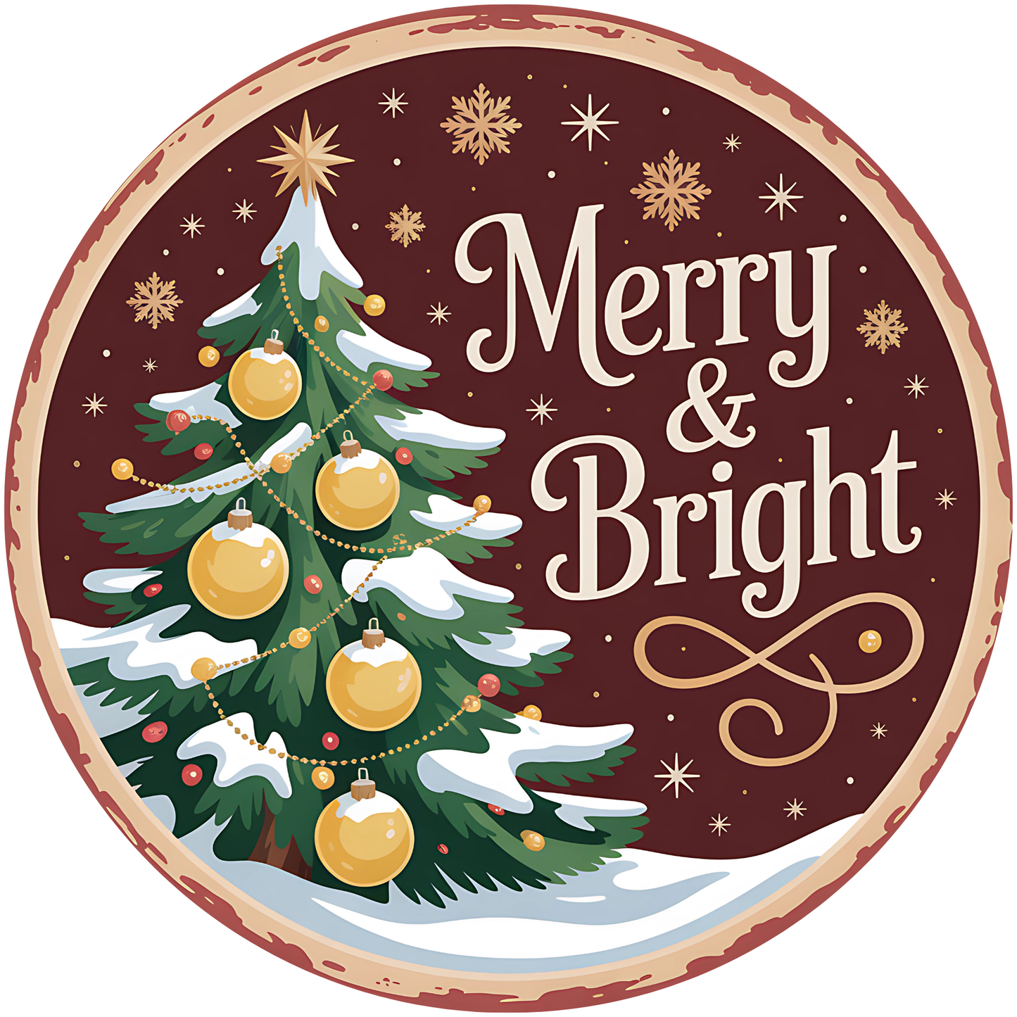 Merry & Bright Christmas Tree with Gold Ornaments Metal / Vinyl Sign - Made in USA