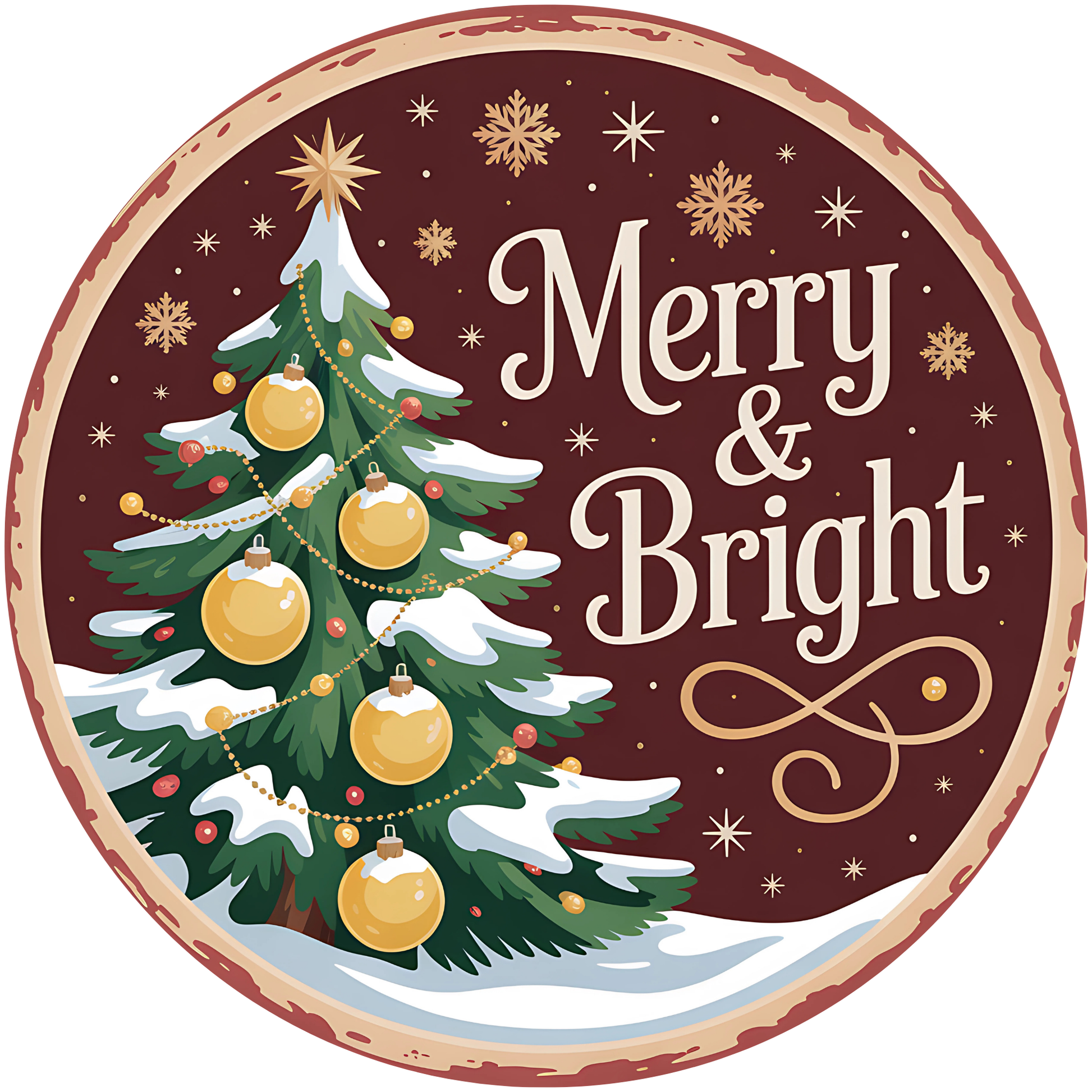Merry & Bright Christmas Tree with Gold Ornaments Metal / Vinyl Sign - Made in USA
