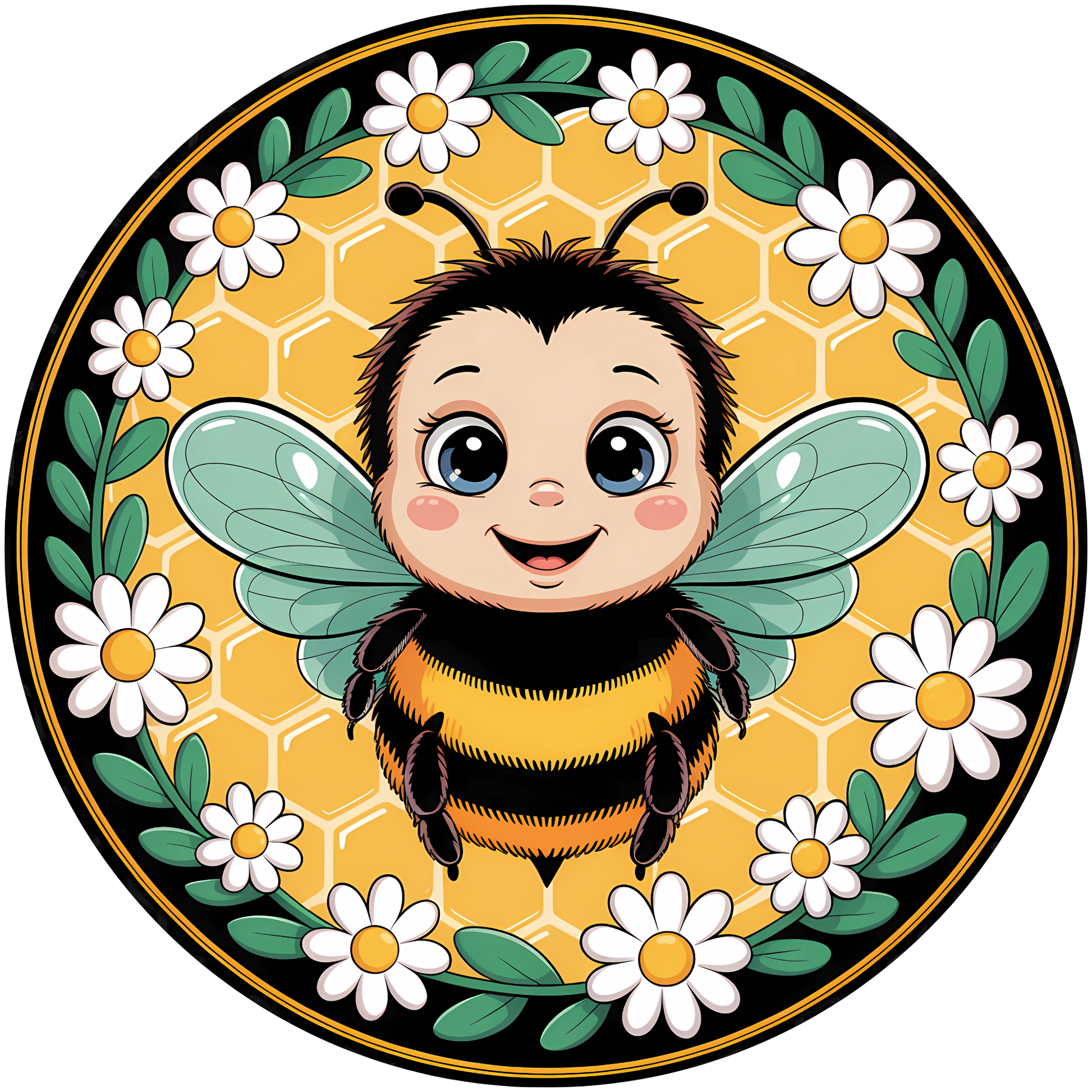 Cute Baby Bee with Daisies and Honeycomb Metal / Vinyl Sign - Made in USA