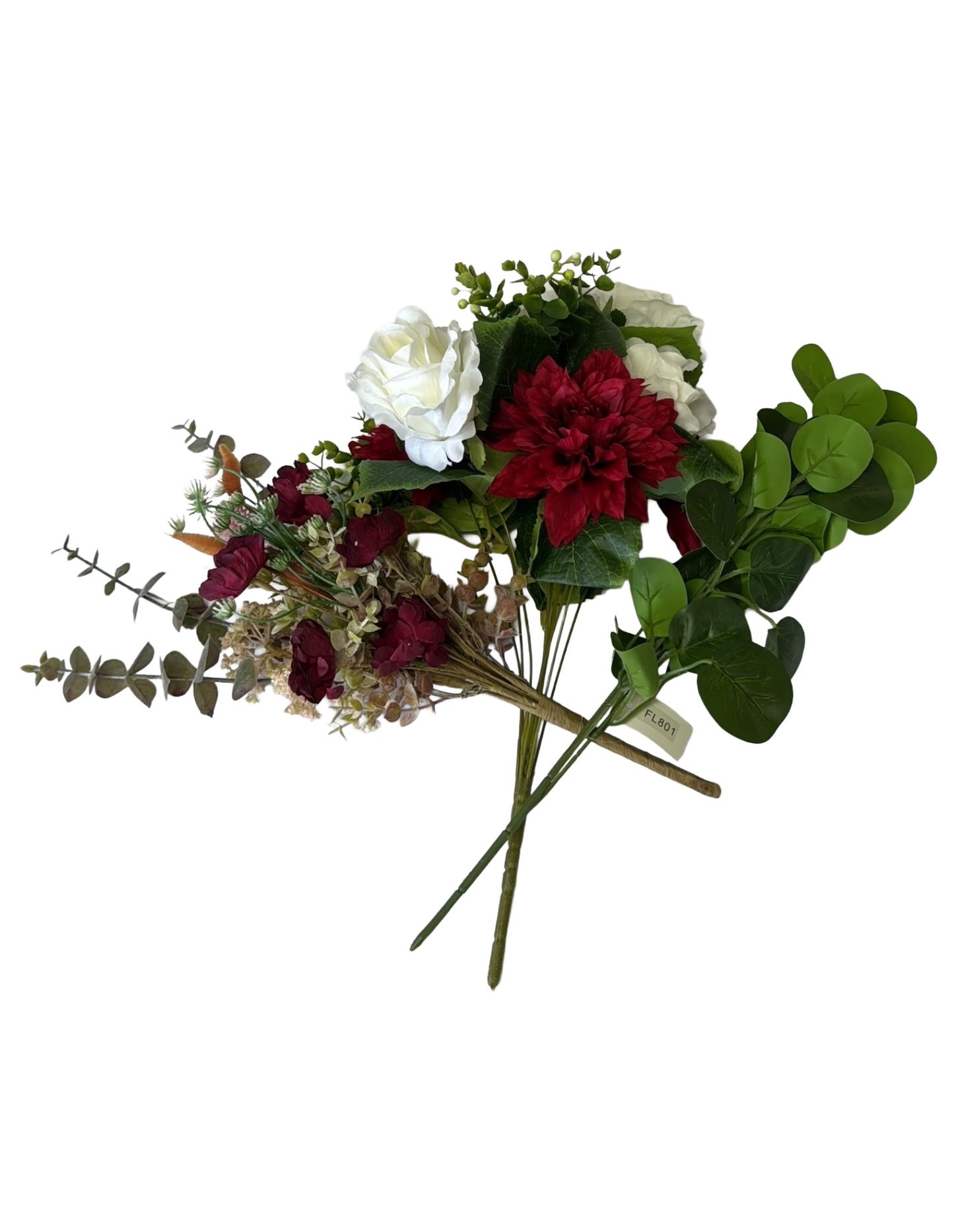 Artificial Floral Stems – 19" Burgundy Zinnia Mixed Bush, 19" Red White Dahlia Rose Bush (10 Stems), 19" Green Eucalyptus Spray - Set of 3