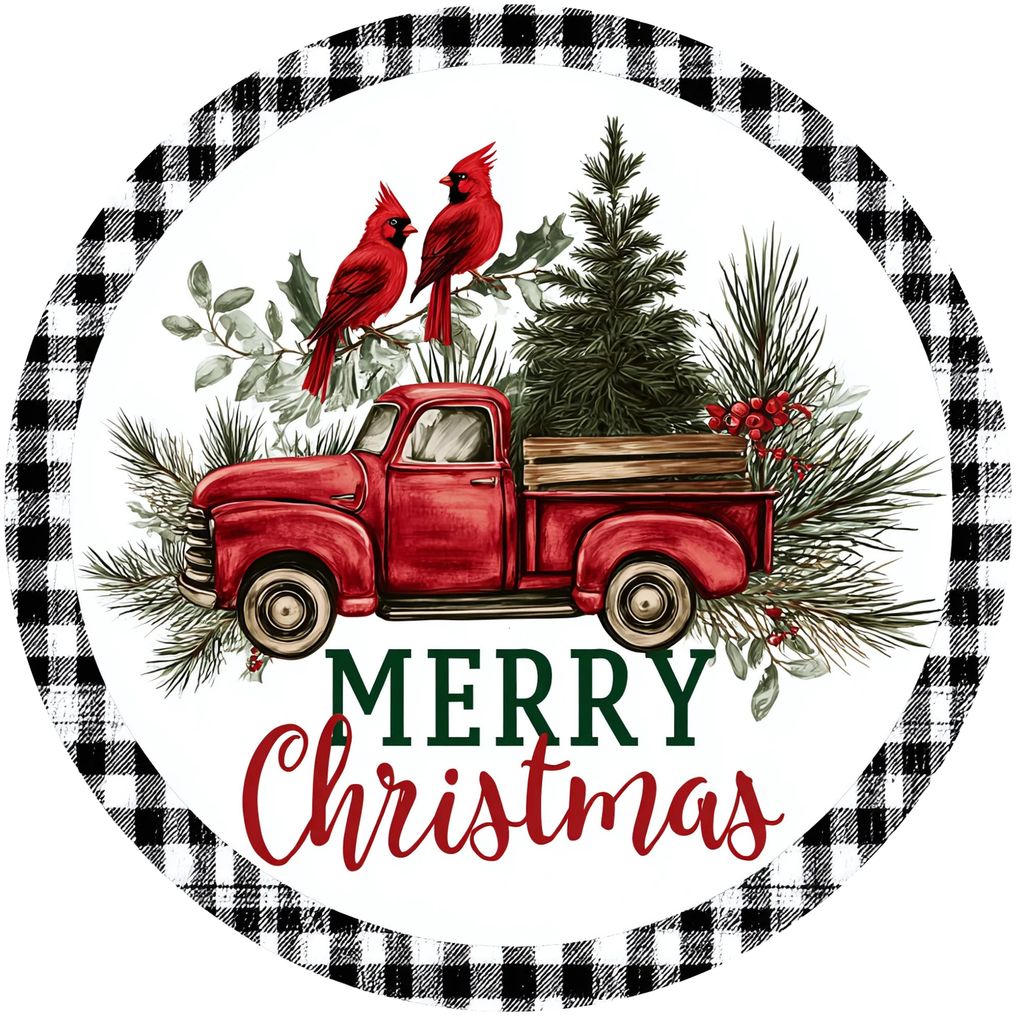 Merry Christmas Pickup Truck with Cardinal Birds Metal / Vinyl Sign - Made in USA